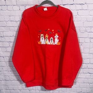 Womens Ghost Dog Pumpkin Crewneck Sweatshirt Red Size XL Oversized Halloween